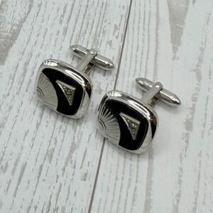 Cavalier Art Deco Style Black Enamel Sunburst Silver Tone Cufflinks
